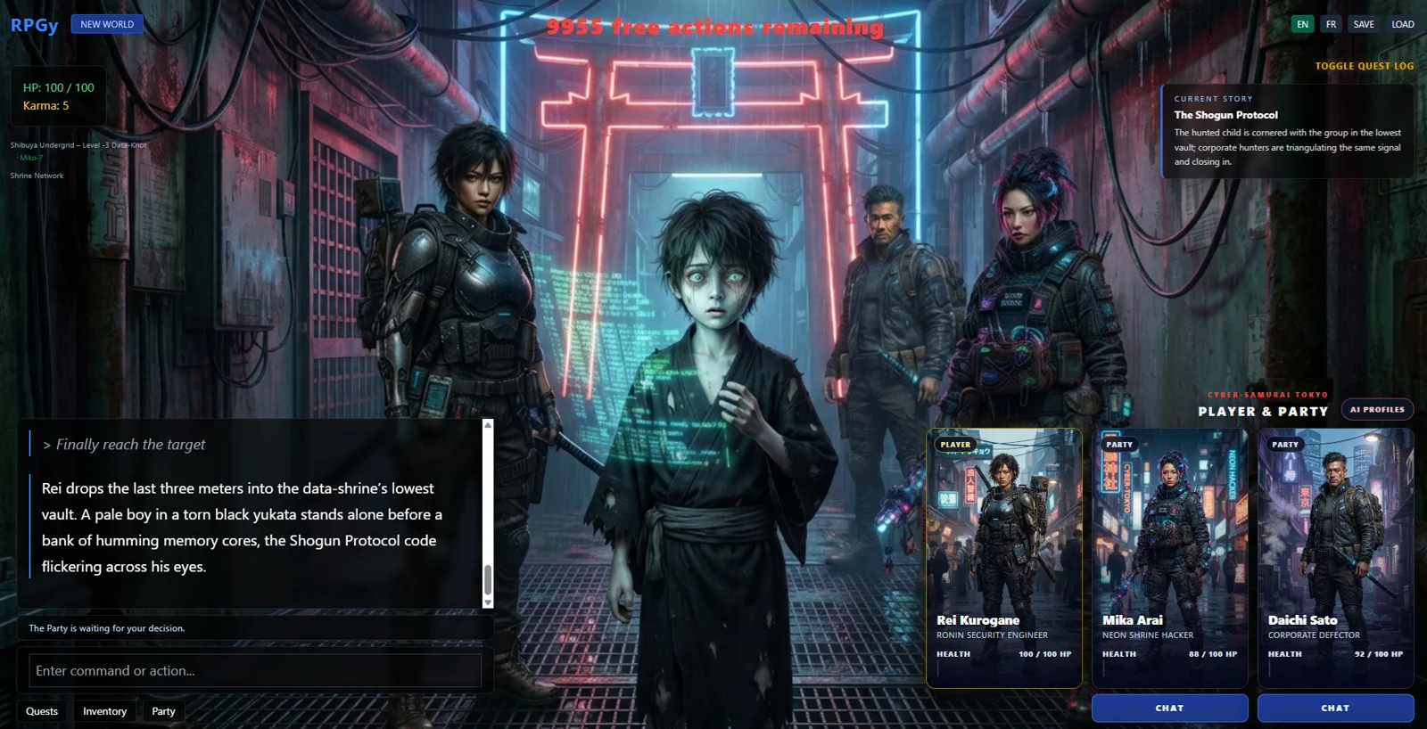Cyber-Samurai Tokyo session with three Party characters inside a neon shrine
