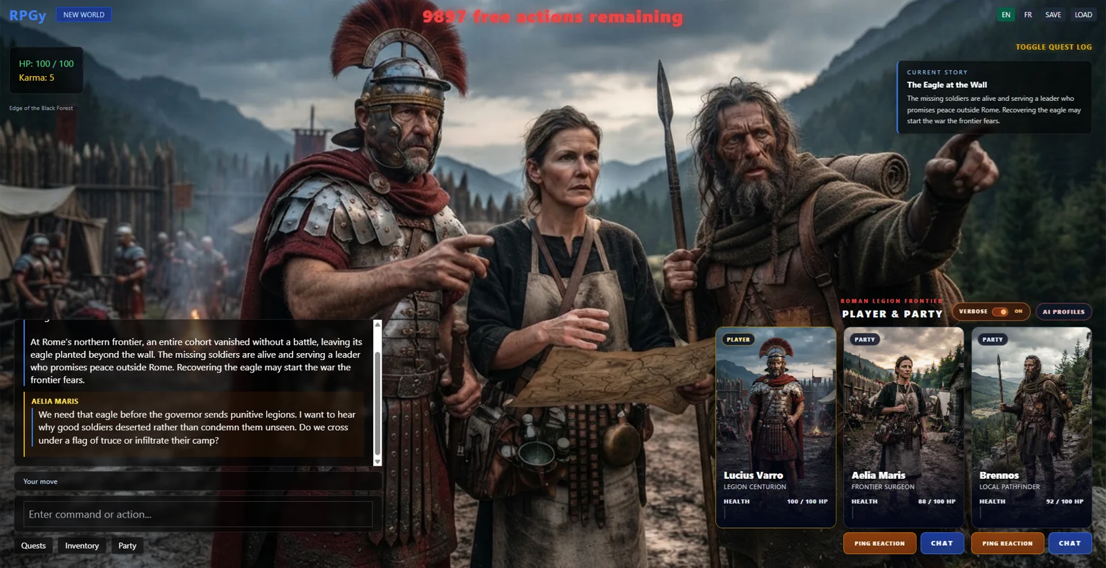 Photorealistic Roman Legion Frontier session with the player and two companions
