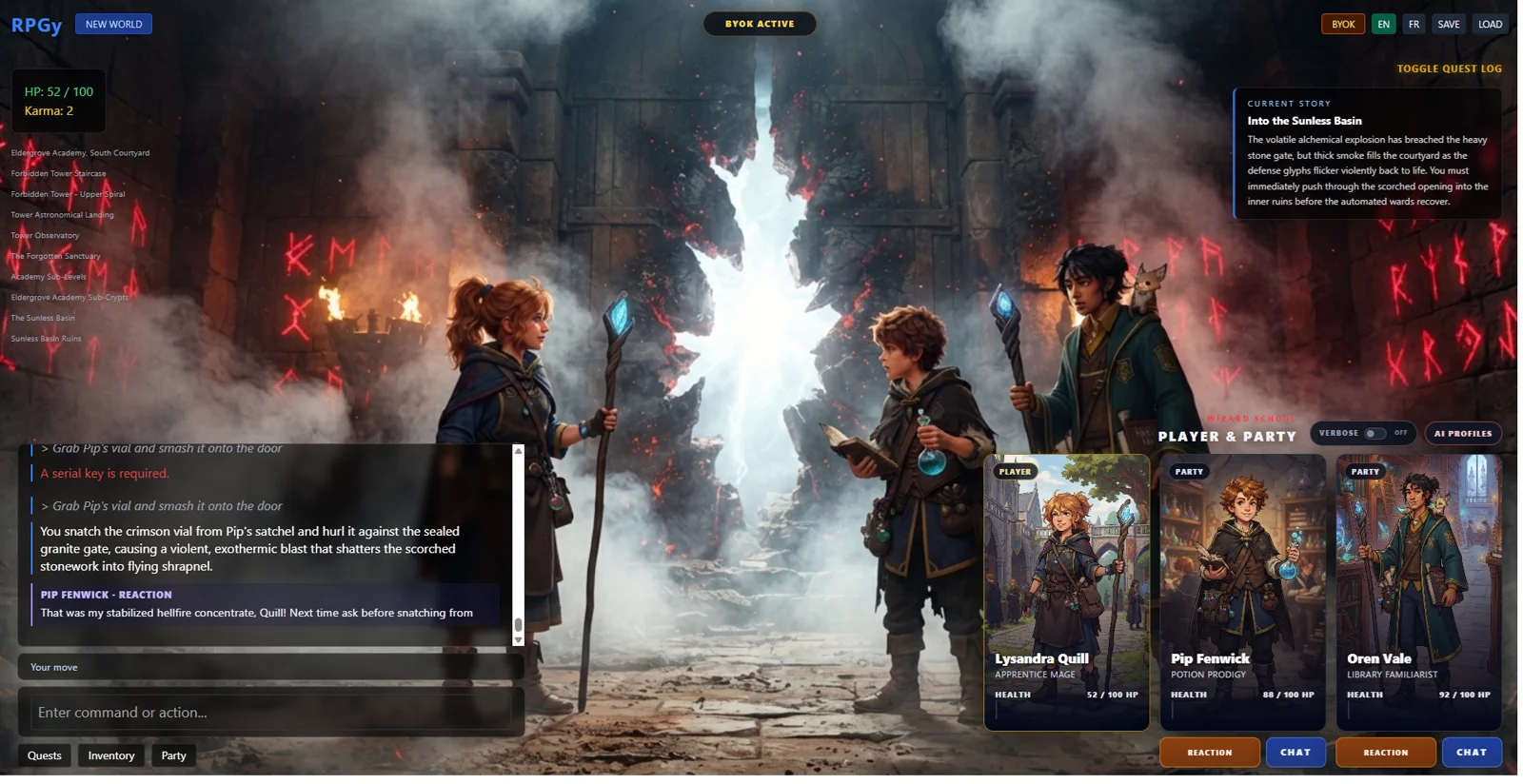 A live RPGy Wizard School session with the player, Party members, dialogue, and a generated scene